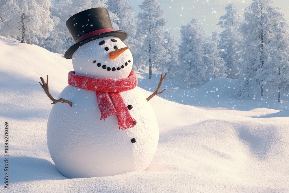 Obraz premium A classic snowman standing in a snowy landscape, wearing a vibrant red scarf and a black top hat. Background