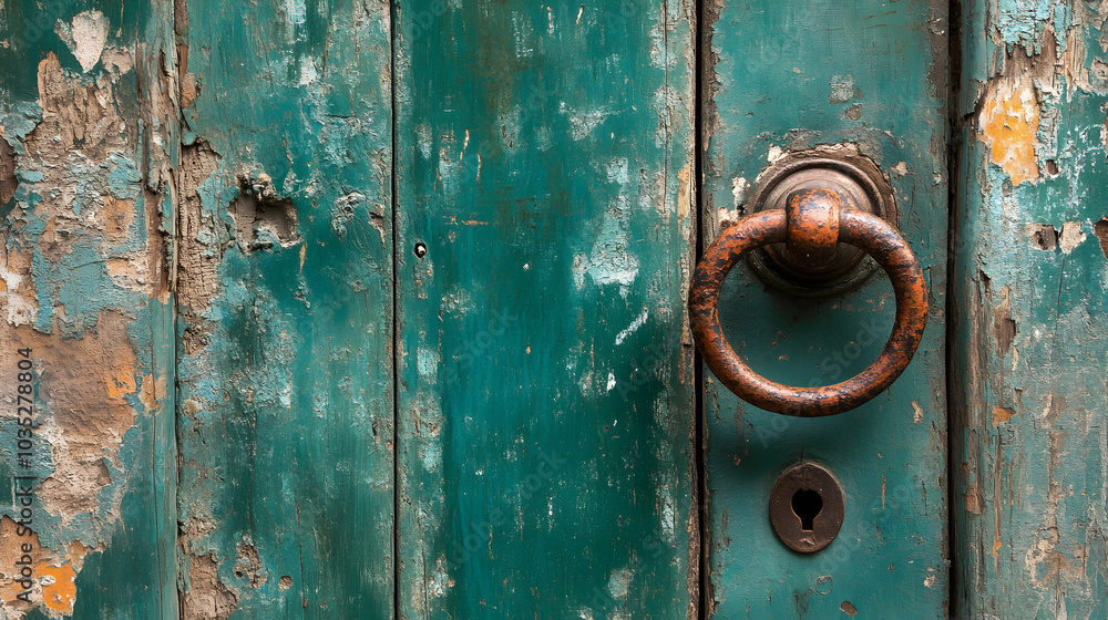 An antiquated green door featuring a corroded handle and flaking paint, reminiscent of a rich history and vintage allure. An antiquated green door featuring a corroded handle and flaking paint, reminiscent of a rich history and vintage allure.