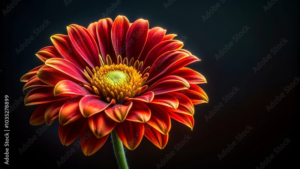A Single Scarlet Flower in Dramatic Darkness with Vivid Petals and a Central Golden Eye A Single Scarlet Flower in Dramatic Darkness with Vivid Petals and a Central Golden Eye