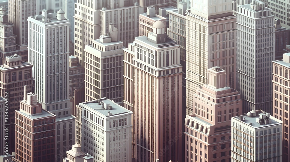 A 3D skyscraper in a 2D illustrated city blending the architectural styles A 3D skyscraper in a 2D illustrated city blending the architectural styles
