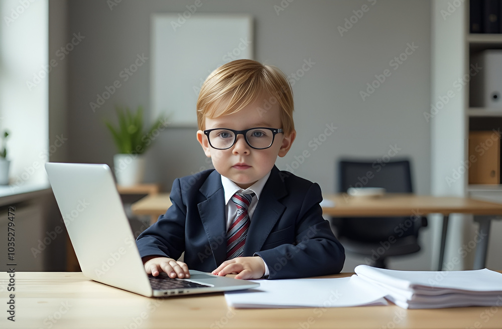 news anchor little boy. funny child headline tv. kids news.a boy in a suit is sitting in an office at a computer news anchor little boy. funny child headline tv. kids news.a boy in a suit is sitting in an office at a computer