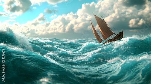 A 2D illustrated boat sailing through a 3D rendered ocean with dynamic waves photo