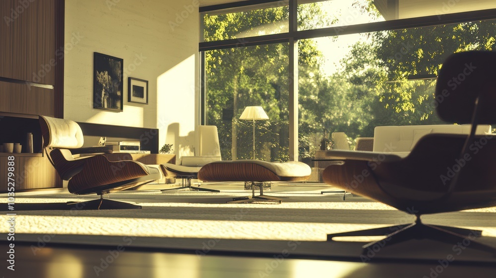 Modern living room with large windows and stylish furniture