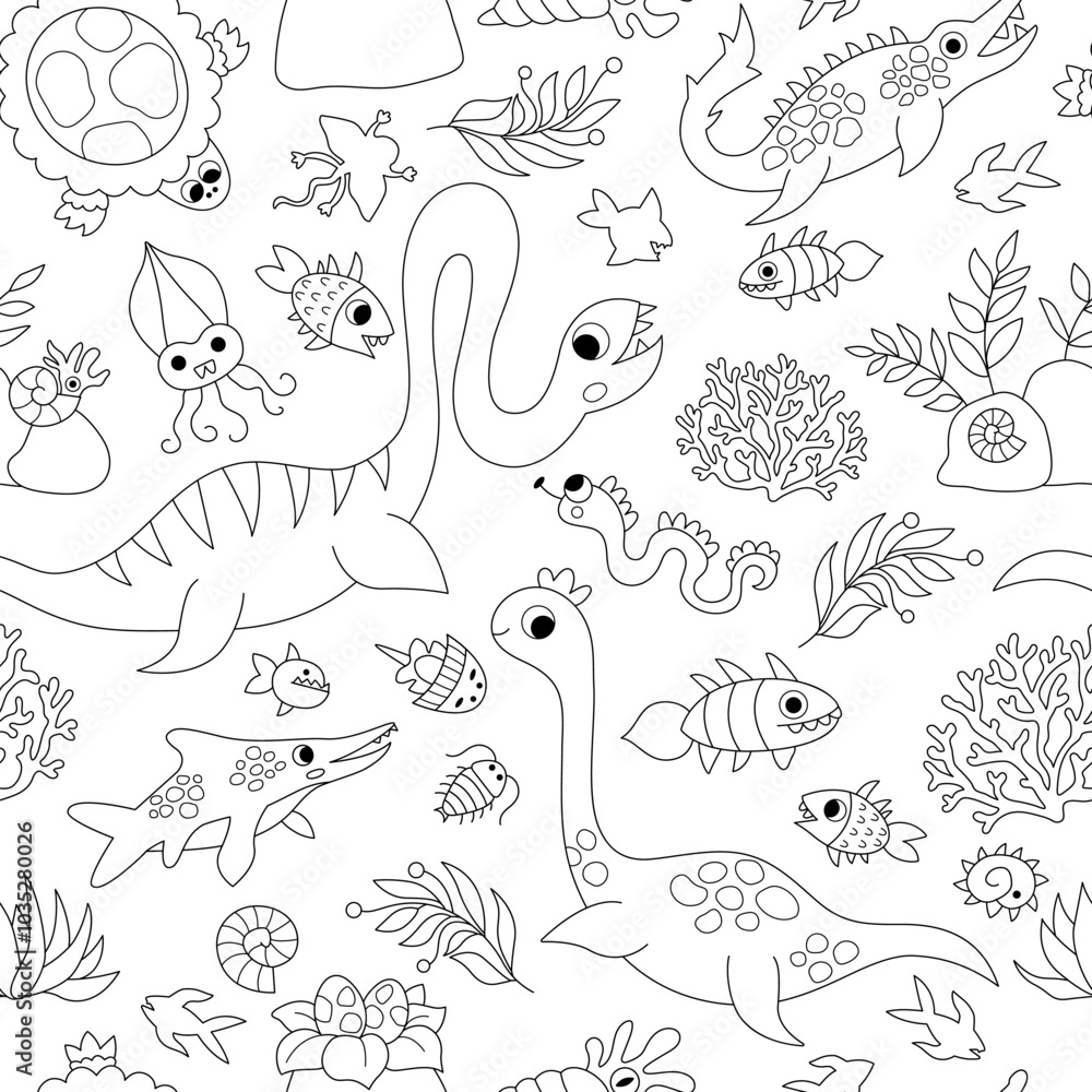 Vector black and white marine dinosaur seamless pattern with plesiosaur. Line prehistoric animal repeat background with mosasaur. Ocean, sea or water dino digital paper or coloring page for kids Vector black and white marine dinosaur seamless pattern with plesiosaur. Line prehistoric animal repeat background with mosasaur. Ocean, sea or water dino digital paper or coloring page for kids