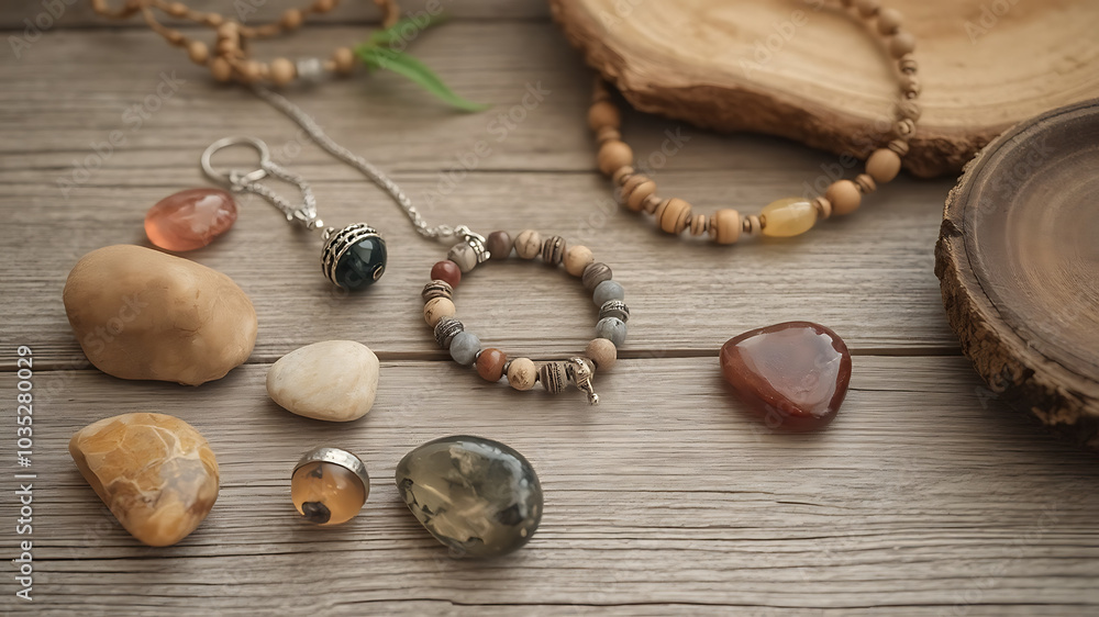 Fototapeta premium Handmade jewelry displayed on wooden surface with natural stones