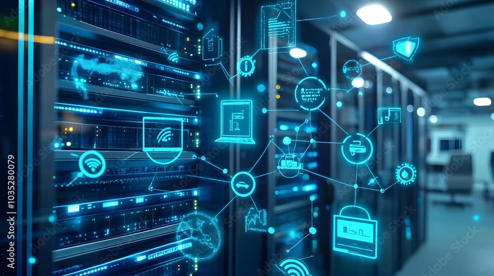 information and telecommunication technology and IOT - internet of things concepts. Diagrams with icons on server room backgrounds. information and telecommunication technology and IOT - internet of things concepts. Diagrams with icons on server room backgrounds.