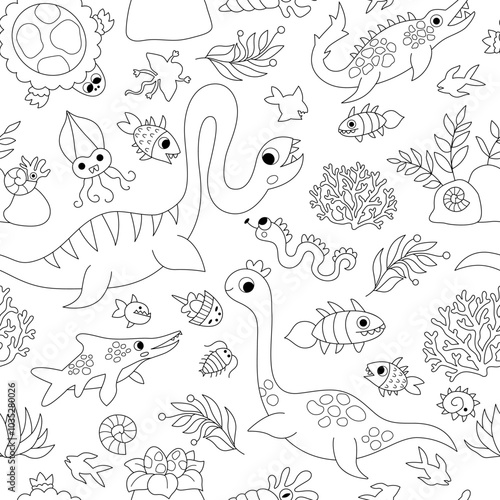 Vector black and white marine dinosaur seamless pattern with plesiosaur. Line prehistoric animal repeat background with mosasaur. Ocean, sea or water dino digital paper or coloring page for kids