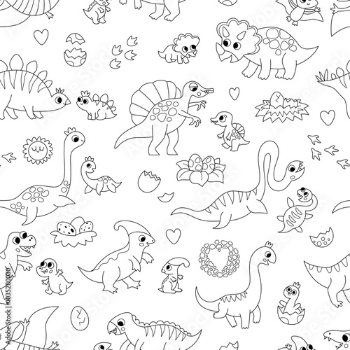 Vector black and white dinosaur moms and babies seamless pattern. Line prehistoric animal repeat background. Dino mother and child digital paper or coloring page. Cute mother day texture