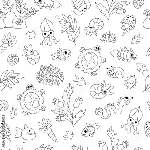 Vector black and white ancient fish and marine creatures seamless pattern. Line prehistoric water animal repeat background. Dinosaur period digital paper or coloring page with turtle