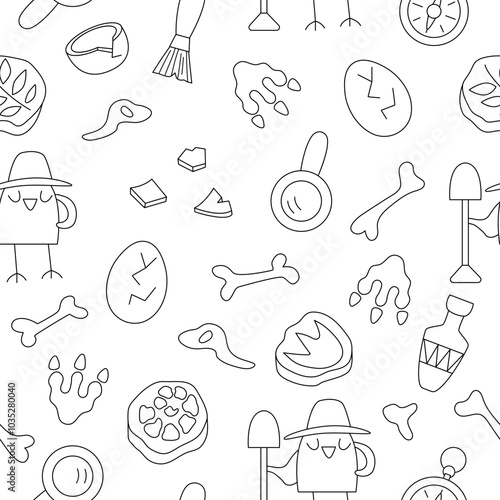 Vector black and white paleontologist seamless pattern. Line prehistoric animal scientist repeat background. Dino researcher digital paper or coloring page. Archaeologists symbols texture