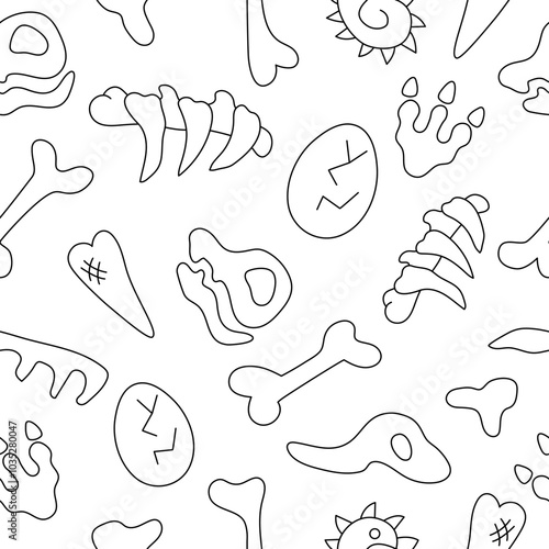 Vector black and white dinosaur bones, skeletons and skulls seamless pattern. Line prehistoric animal fossil repeat background or coloring page. Archaeologists or paleontologist texture