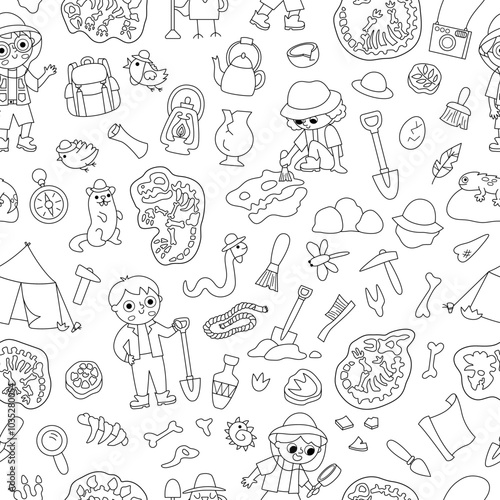 Vector black and white paleontologist seamless pattern. Line prehistoric animal scientist repeat background. Dino researcher digital paper or coloring page with fossils, bones, tools, brush