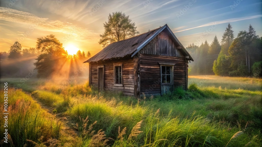 Golden Light Bathes a Rustic Cabin in the Misty Dawn, Illuminating the Path Through the Tall Grass Golden Light Bathes a Rustic Cabin in the Misty Dawn, Illuminating the Path Through the Tall Grass
