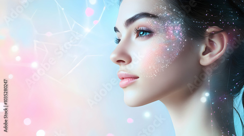 Beautiful woman with an AI skincare face scan overlay, abstract pastel background  -  