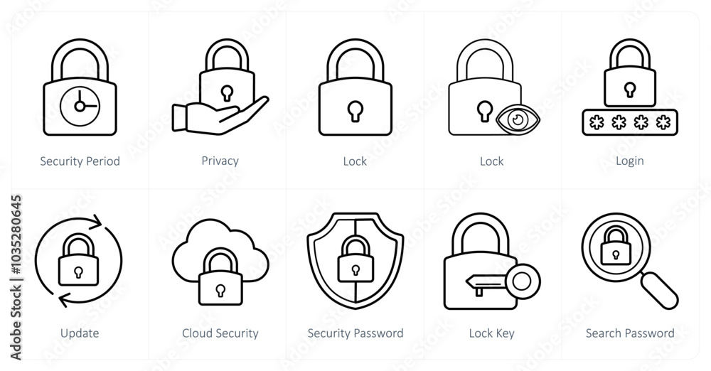 A set of 10 Security icons as security period, privacy, lock A set of 10 Security icons as security period, privacy, lock