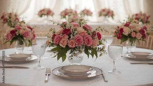 Elegant wedding table setting with beautiful floral arrangements and fine dining