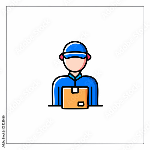 Icon of delivery man with box in his hands, flat vector illustration