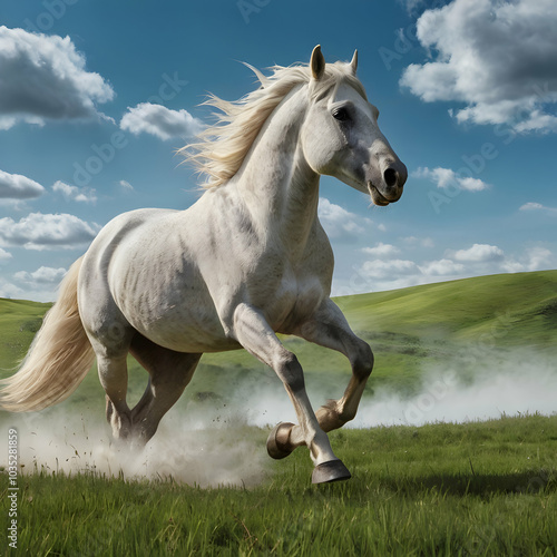 An image of a white horse galloping across a field, with its mane and tail blowing in the breeze. The backdrop shows rolling green hills and a clear blue sky with scattered clouds.