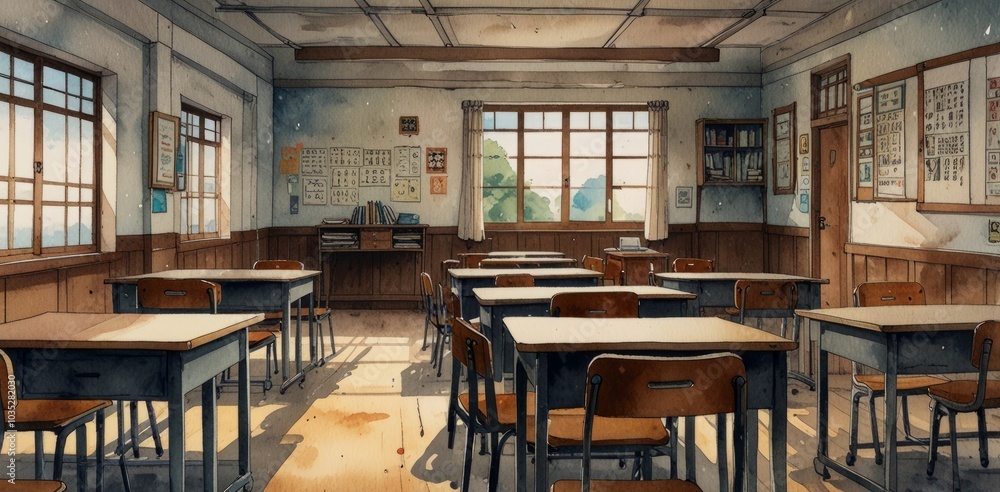 watercolor painting of A old classroom in old japan manga style with a blackboard on the wall and the forest in background of the window. The room is empty and has wooden desks and chairs watercolor painting of A old classroom in old japan manga style with a blackboard on the wall and the forest in background of the window. The room is empty and has wooden desks and chairs