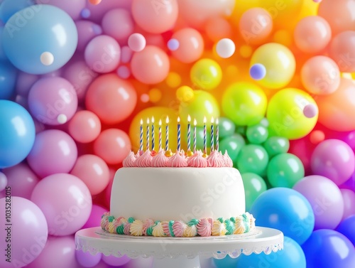 A festive birthday cake with colorful candles, set against a vibrant balloon backdrop, perfect for celebration themes. photo