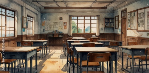 watercolor painting of A old classroom in old japan manga style with a blackboard on the wall and the forest in background of the window. The room is empty and has wooden desks and chairs