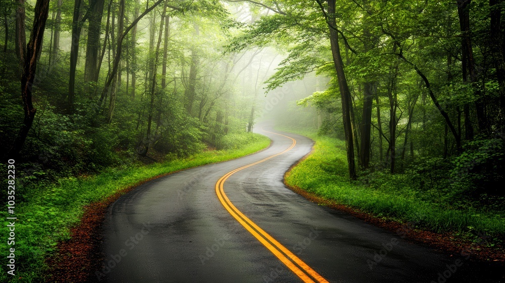 Winding road through a lush green forest, surrounded by mist and tranquility, inviting exploration and adventure. Winding road through a lush green forest, surrounded by mist and tranquility, inviting exploration and adventure.