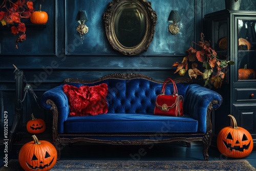 Living room interior decorated for Halloween with sofa, purse and pumpkins with generative ai photo