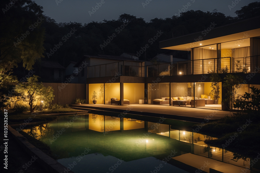 Fish pond next to the terrace of a minimalist house at night with yellow lights as lighting Fish pond next to the terrace of a minimalist house at night with yellow lights as lighting