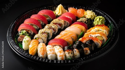 A colorful sushi platter featuring an assortment of nigiri and maki rolls, arranged on a black lacquer tray, Sushi platter centered