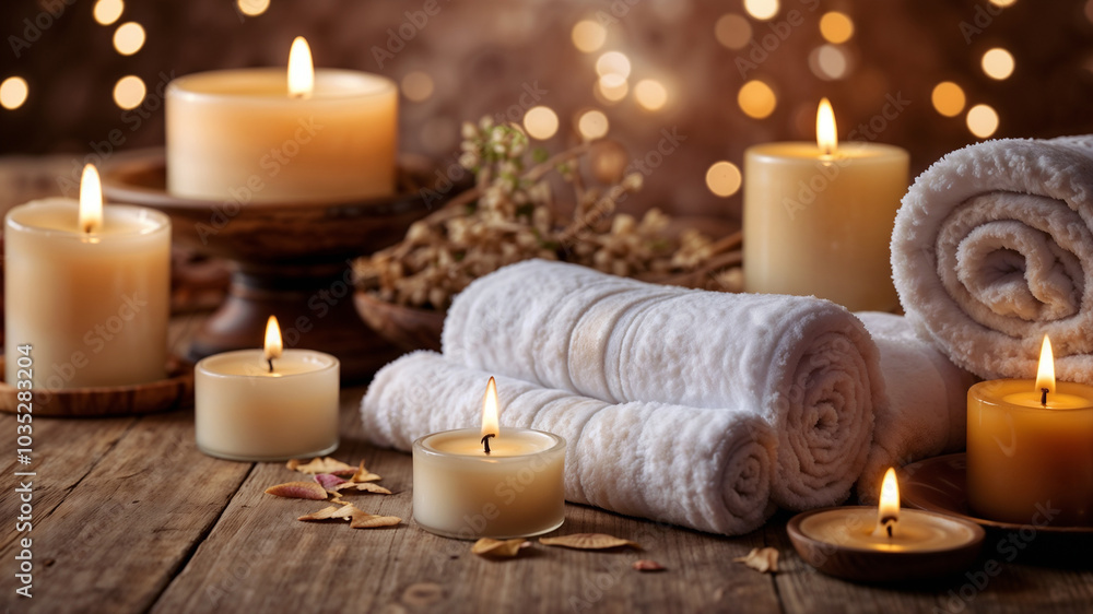 spa background with candles, rolled towels and flowers, serene atmosphere, banner for beauty salons, wellness centers, spa template spa background with candles, rolled towels and flowers, serene atmosphere, banner for beauty salons, wellness centers, spa template