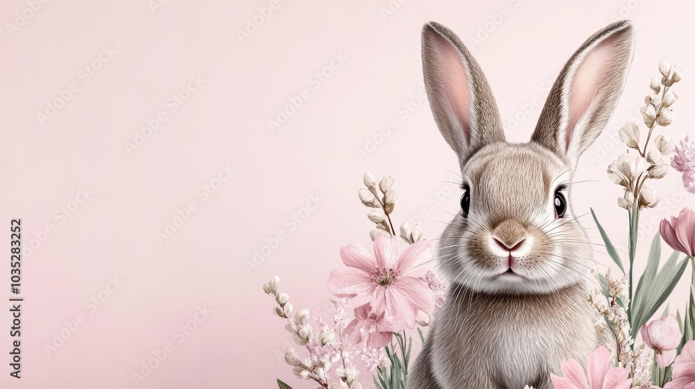 Cute bunny surrounded by soft pink flowers, creating a serene and charming spring atmosphere. Cute bunny surrounded by soft pink flowers, creating a serene and charming spring atmosphere.