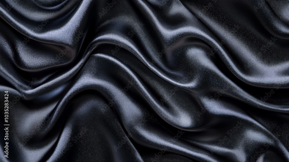 Fototapeta premium Black Satin Background. Wavy Luxury Fabric Texture. Abstract, Elegant, Smooth And Shiny Silk Cloth.