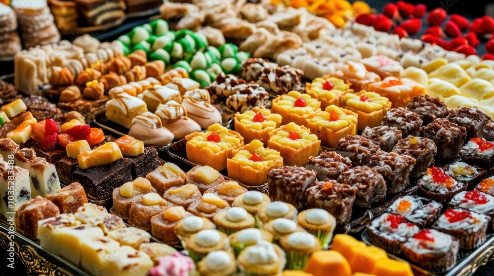 Fototapeta premium Colorful assortment of desserts and sweets beautifully arranged on display, inviting and mouthwatering.