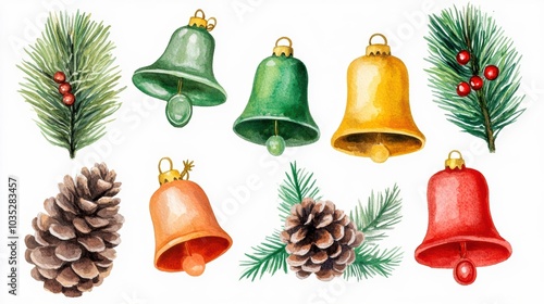 Colorful Christmas bells, pine leaves, and a pinecone on a white isolated background.