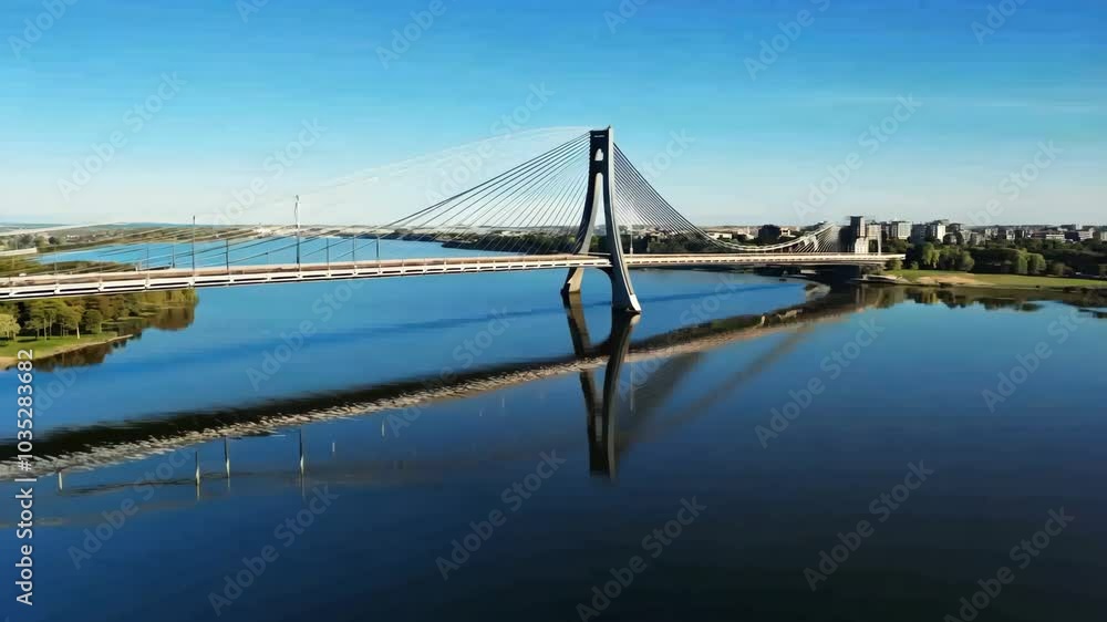 Modern bridge with steel cables and a reflection in water, Video Modern bridge with steel cables and a reflection in water, Video