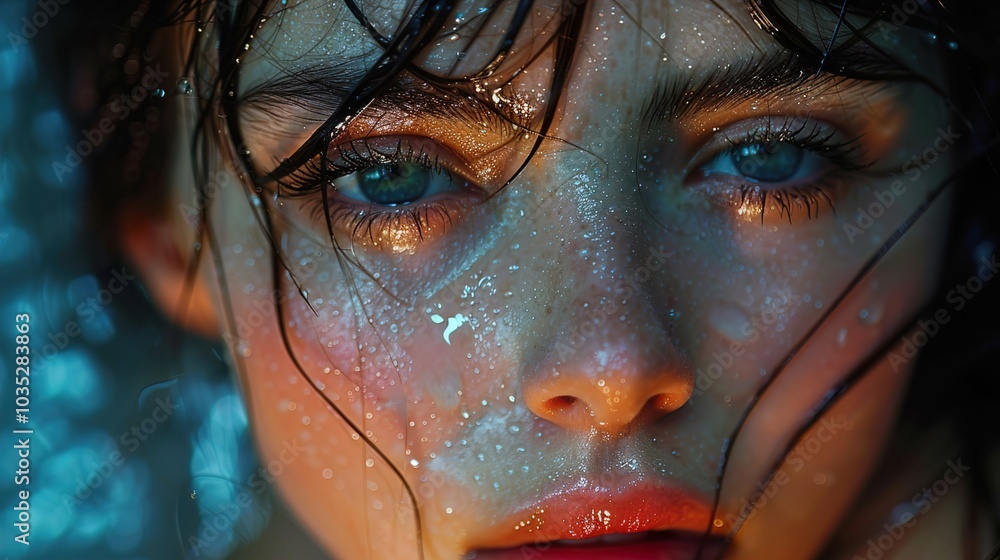 Close-Up Portrait of a Woman with Water Droplets on Her Face Close-Up Portrait of a Woman with Water Droplets on Her Face