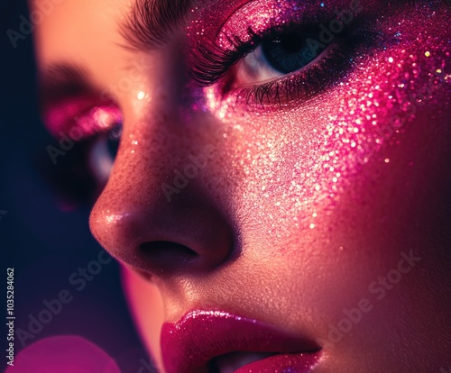 A beautiful woman with pink glitter makeup on her face, fashion photography.