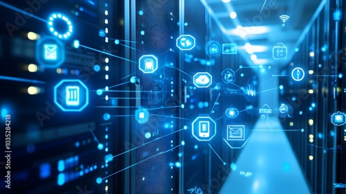 information and telecommunication technology and IOT - internet of things concepts. Diagrams with icons on server room backgrounds. 