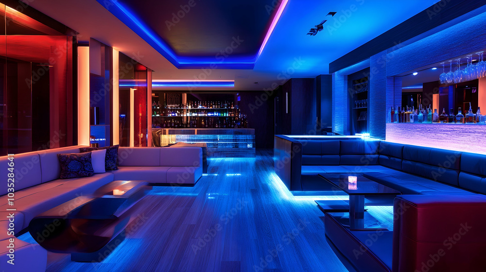 Elegant VIP lounge with modern decor and ambient lighting  -  