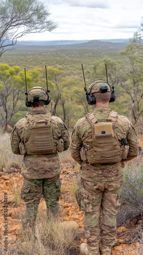 U.S. soldiers in tactical gear communicating during a critical operation in a mountainous war environment U.S. soldiers in tactical gear communicating during a critical operation in a mountainous war environment