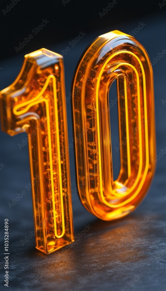 Glowing Orange Neon Number 10 On A Textured Dark Background, Three Dimensional Rendering Glowing Orange Neon Number 10 On A Textured Dark Background, Three Dimensional Rendering