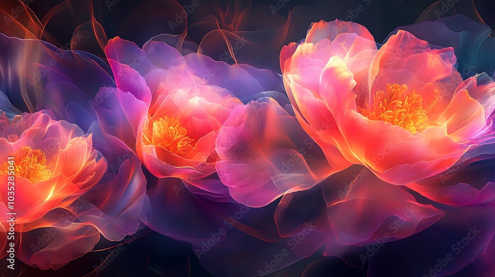 Obraz premium Radiant flowers with glowing translucent petals bathed in soft hues fractal background