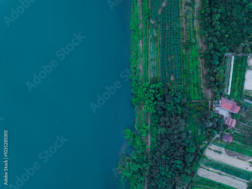 Aerial view of Viverone Lake surrounded by lush green forests and a winding road, Viverone, Italy. photo