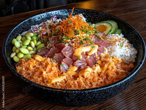 Colorful Overhead Poke Bowl Filled with Fresh Ingredients