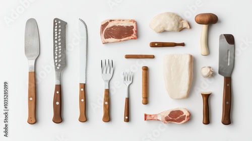 A butcher's tools arranged neatly on a white background, emphasizing the craft of animal butchery for educational purposes. photo