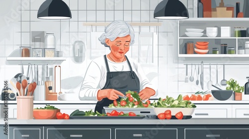 An elderly woman joyfully prepares a fresh salad in a modern kitchen