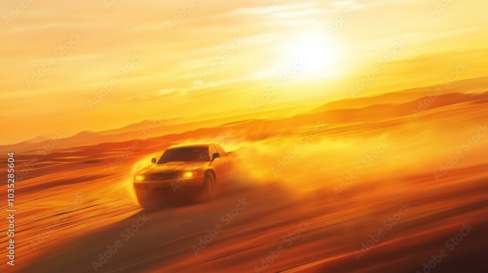 A car driving on the desert dunes at sunset. A car driving on the desert dunes at sunset.