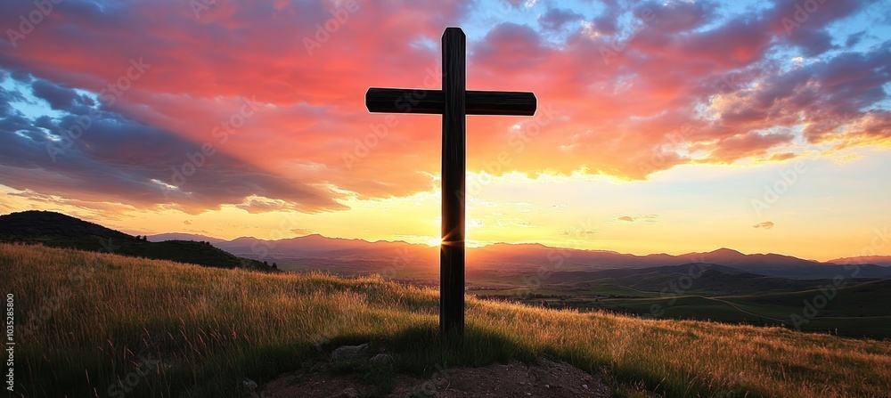 Wooden Cross Silhouette, Dramatic Sunrise over Mountains, Concept of Faith, Hope, and Salvation Wooden Cross Silhouette, Dramatic Sunrise over Mountains, Concept of Faith, Hope, and Salvation