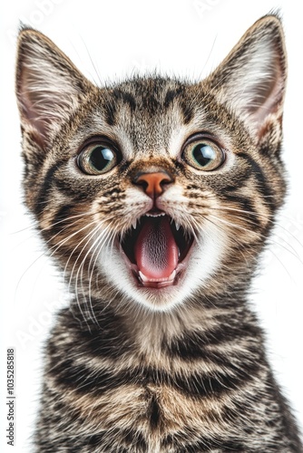 Surprised Tabby Cat with Open Mouth on a White Background. Fluffy Kitten with Big Eyes Talking