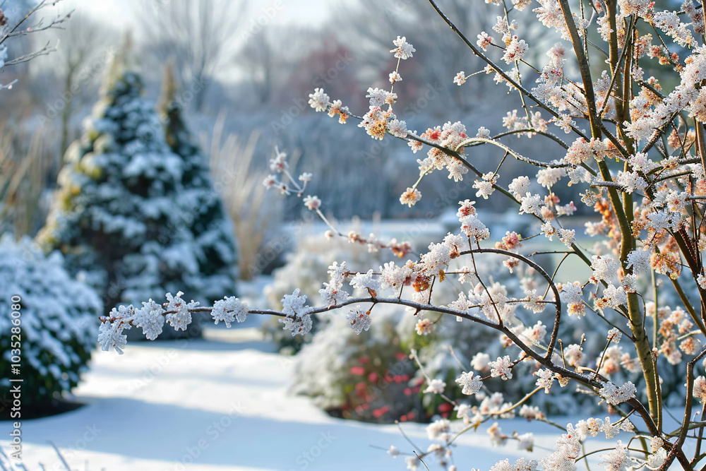 Snow covered winter garden with a branch of delicate white blossoms. Snow covered winter garden with a branch of delicate white blossoms.